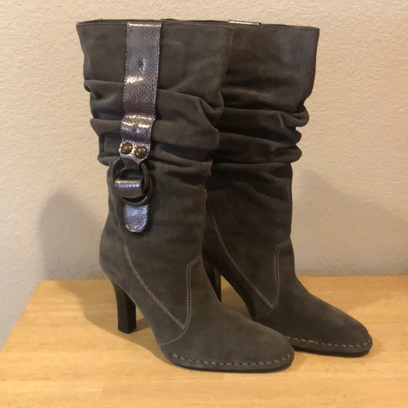 Hot In Hollywood Black Suede Metallic Strap Slouch Heel Boots 8.5 NEW